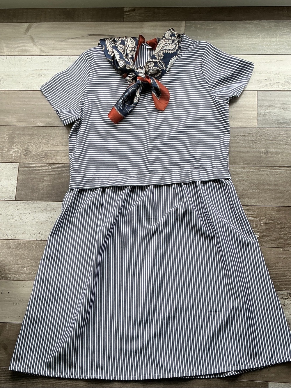 Navy and White Striped Short-Sleeve Dress L